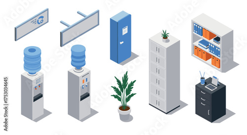 Isometric office supplies and furniture with water coolers and cabinets