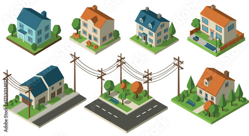 Isometric neighborhood street view with houses and power lines