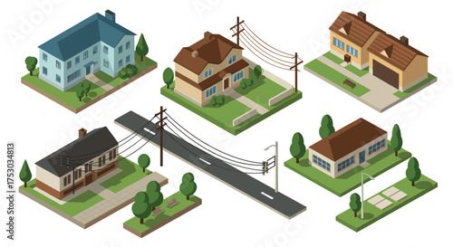 Isometric suburban neighborhood with various houses and a road scene