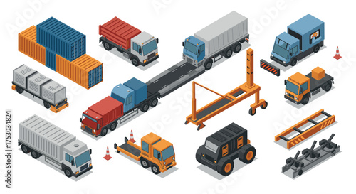 Isometric transport and logistics set featuring trucks and containers