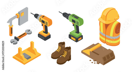Isometric construction tools and safety gear set with drill and helmet