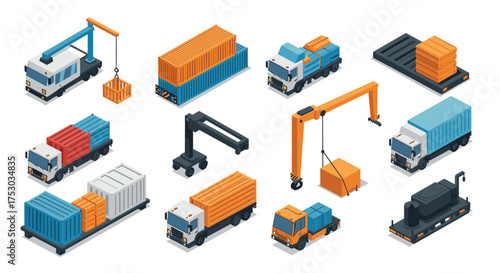 Isometric cargo transportation and logistics elements with trucks, containers, and cranes
