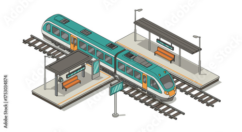 Modern isometric train station with sleek train and platforms