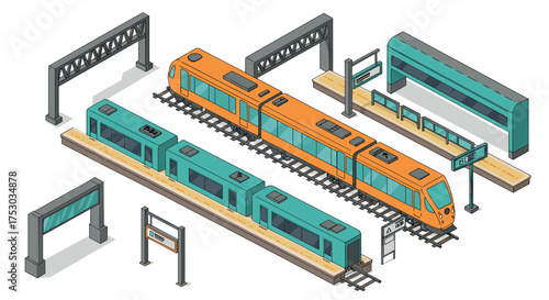 Isometric urban subway scene with colorful train and station elements