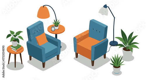 Cozy isometric living room with armchairs, lamps, and potted plants in minimalist design