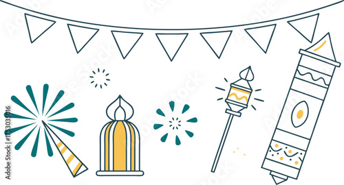 Festive celebratory elements like fireworks, lanterns, and bunting flags creating a joyful atmosphere for parties and events