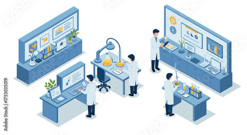 Isometric laboratory scene with scientists and modern equipment for scientific research