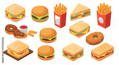 Isometric fast food collection featuring sandwiches, burgers, and fries in vibrant colors