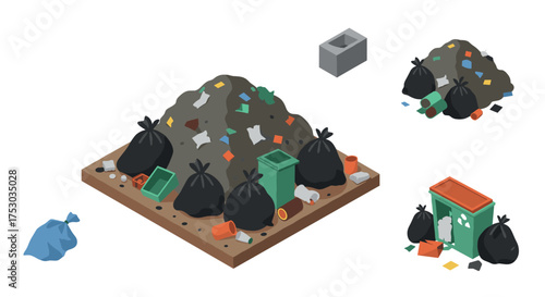 Isometric garbage pile with trash bags and litter elements