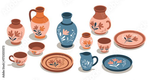 Rustic ceramic tableware with floral patterns in vibrant colors