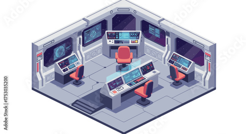 Futuristic space command center in isometric view with high-tech consoles and screens