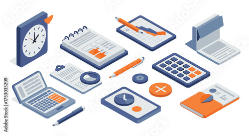 Modern isometric office supplies set with calculator, clock, and notebook