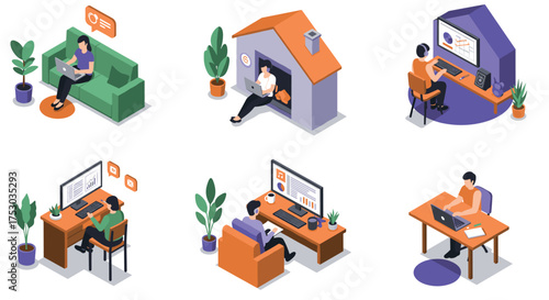 Isometric home office setups: remote work and learning environments