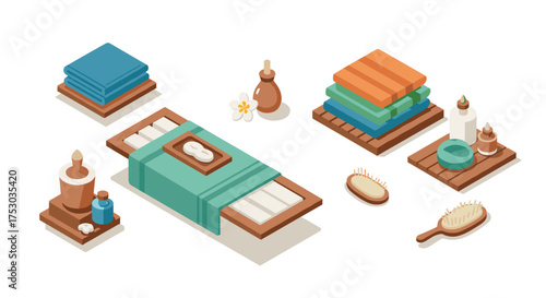 Isometric spa objects: towels, oils, and brushes for relaxation and wellness