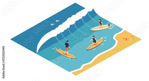 Isometric surfing scene with surfers on ocean waves near sandy beach