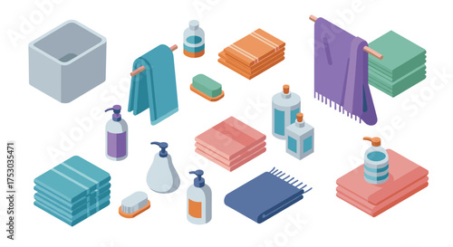 Isometric bathroom essentials collection with towels, soaps, and dispensers