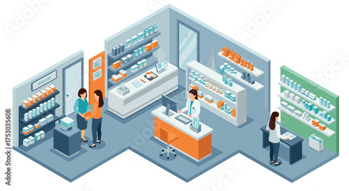 Modern pharmacy interior with isometric design and people interacting