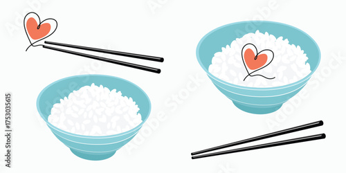 Rice bowl set with black chopsticks and a hand-drawn heart, mint ceramic bowls of fluffy white rice on clean white, minimalist food clipart for menus, labels, packaging and kitchen branding.