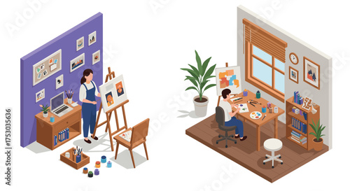 Isometric art studio: creative home workspaces of female artists with supplies and paintings