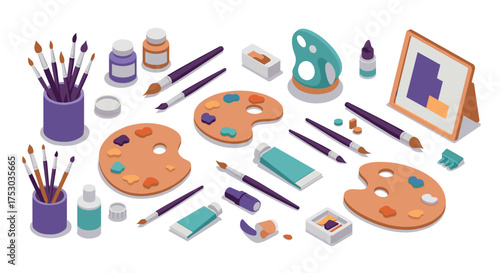 Creative art supplies with brushes, paints, and palettes in isometric style