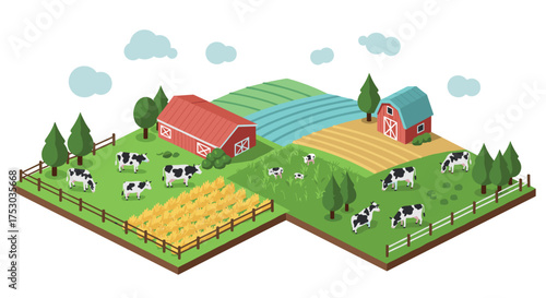 Isometric farm scene with cows and barns in a rural landscape