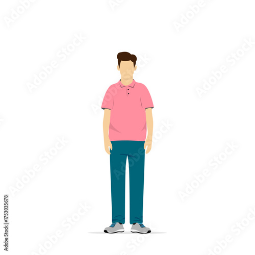 Illustration of a guy wearing gray sneakers flat design blue pants pink shirt
