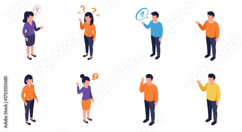 Diverse isometric characters expressing curiosity and confusion in casual attire
