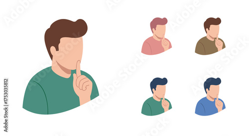 Minimalist diverse characters gesturing silence in pastel tones