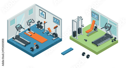 Modern isometric gym with fitness equipment in separate rooms