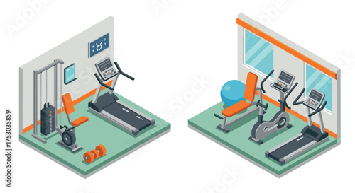 Modern isometric gym interior with fitness equipment and treadmills