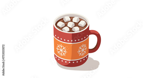 Warm mug of hot chocolate with marshmallows in festive red cup
