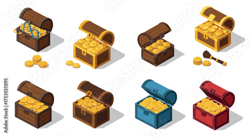 Isometric treasure chests filled with gold coins in various styles and colors