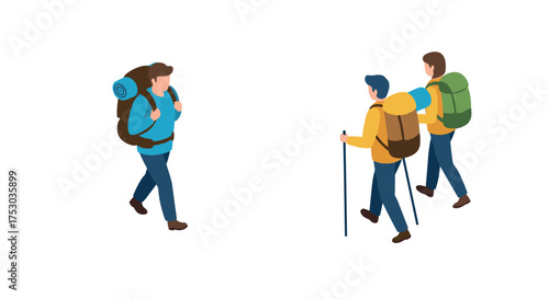 Isometric hiking adventure with campers and backpackers on a journey