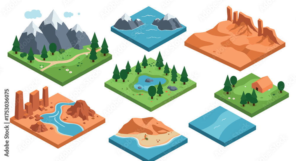 Obraz premium Isometric landscape collection: mountains, forests, deserts, and oceans in geometric style