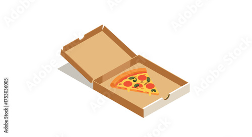 Isometric pizza slice in opened box on white background