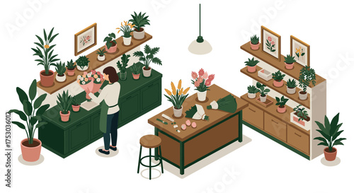 Charming flower shop interior with florist and lush greenery in isometric design