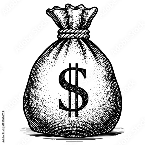 Money Bag with Dollar Sign Engraving Vector Illustration