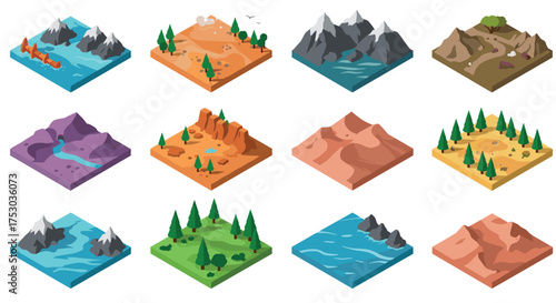 Isometric miniature landscapes: diverse terrain tiles featuring mountains, forests, and deserts