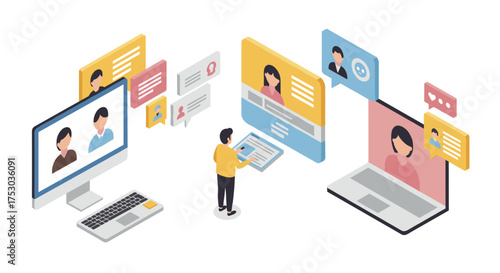 Virtual team collaboration in isometric style with online communication tools