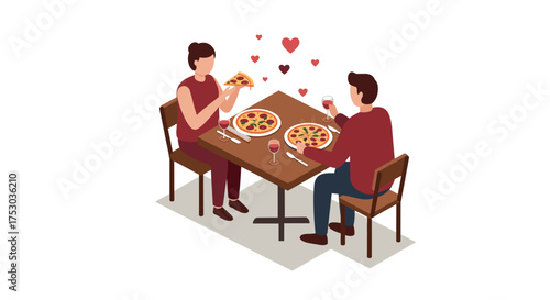 Romantic dinner with pizza and wine: couple enjoying a date with love
