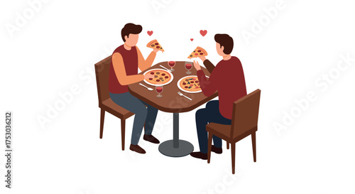 Couple enjoying dinner with pizza and wine in a flat style