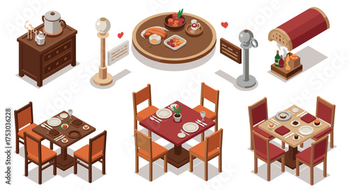 Isometric dining setup with wooden furniture and elegant table arrangements