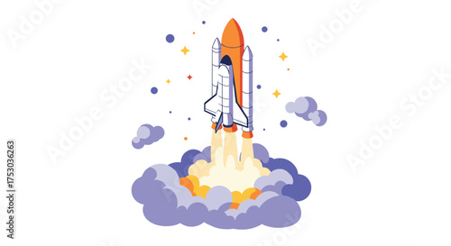 Retro space shuttle launch with cartoon rocket and futuristic astronaut clouds
