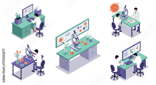 Isometric laboratory scenes featuring scientists conducting research and experiments