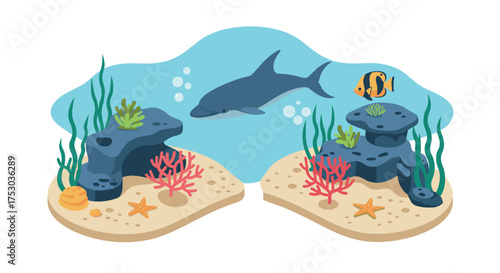 Colorful underwater scene with dolphin and coral reefs in flat design