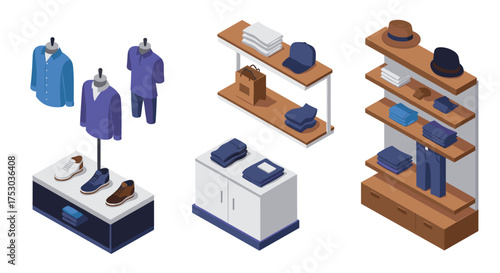 Isometric clothing store display with mannequins, shelves, and apparel accessories