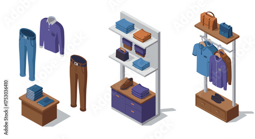 Isometric fashion displays with clothing, shoes, and accessories in modern store setting