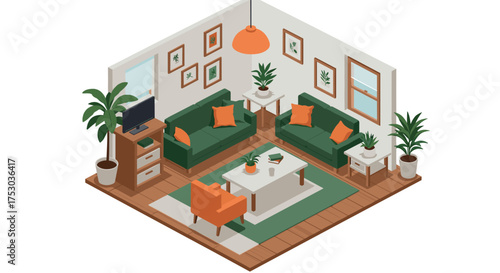 Cozy living room with plants and modern furniture in isometric design
