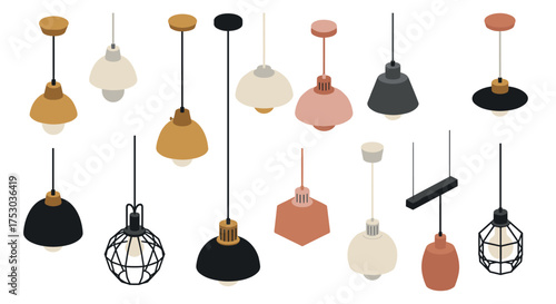 Diverse collection of modern isometric pendant lamps in various styles and colors