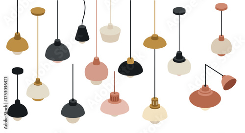 Modern hanging ceiling lights in minimalist isometric design